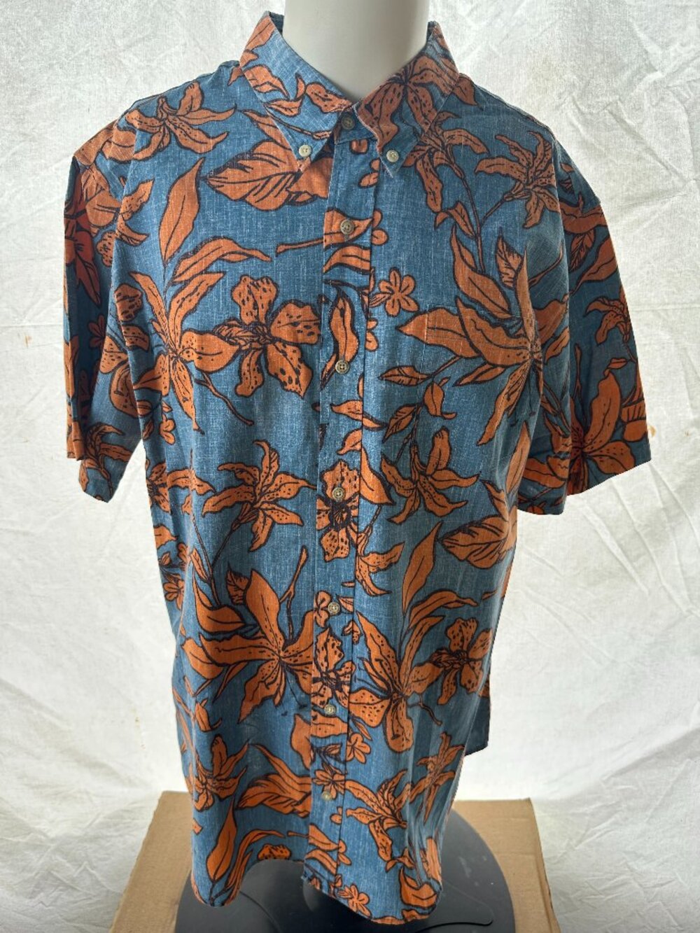Reyn Spooner Men's Blue Orange Floral Leaf Design Hawaiian Shirt 2XL Cotton Poly